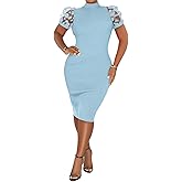 Fastkoala Women's Elegant Ribbed Bodycon Dress Lace Short Sleeve Slim Fit Midi Dress Turtle Neck Night Club Party Dresses