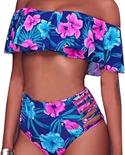 Women's Sexy Floral Print Ruffle Off Shoulder Bikini Swimsuit (Tag XL - US 10, B)