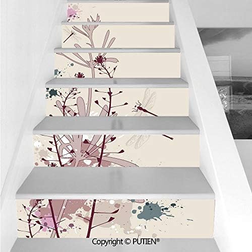 PUTIEN American Stair Stickers Wall Stickers,6 PCS Self-Adhesive [ Dragonfly,Grunge Style Design Flowers Le