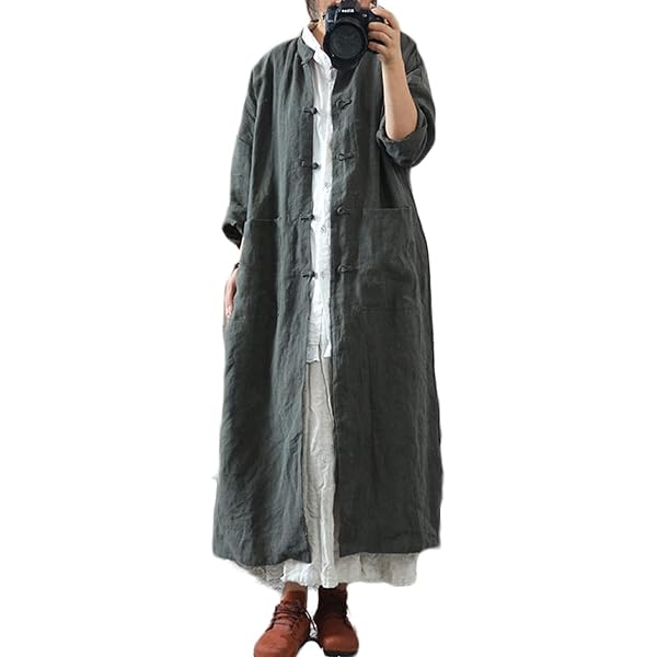 NFYM Giacca casual da donna in lino di media lunghezza con risvolto Blazer aperto davanti a maniche lunghe cardigan nero trench coat, nero, taglia unica