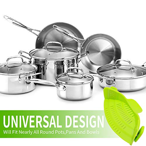 SOOHAO Snap Strainer Kitchen Food Strainers Clip-on Strainer with Cooking Tongs Heat Resistant Silicone, Universal Fit On All Pots and Bowls Home Cooking（Green）