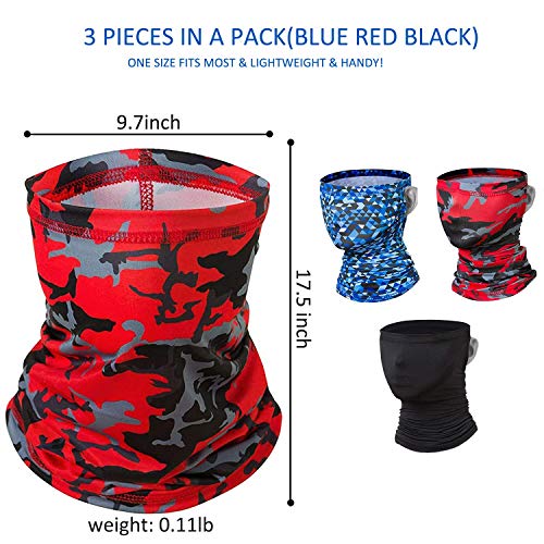 Labato 3 Packs Face Bandana Mask with Ear Loops, Cooling Neck Gaiter Scarf Reusable Washable Cloth Bandanas Sun Protection Balaclavas for Cycling Camping Hiking Fishing (Blackbluered)