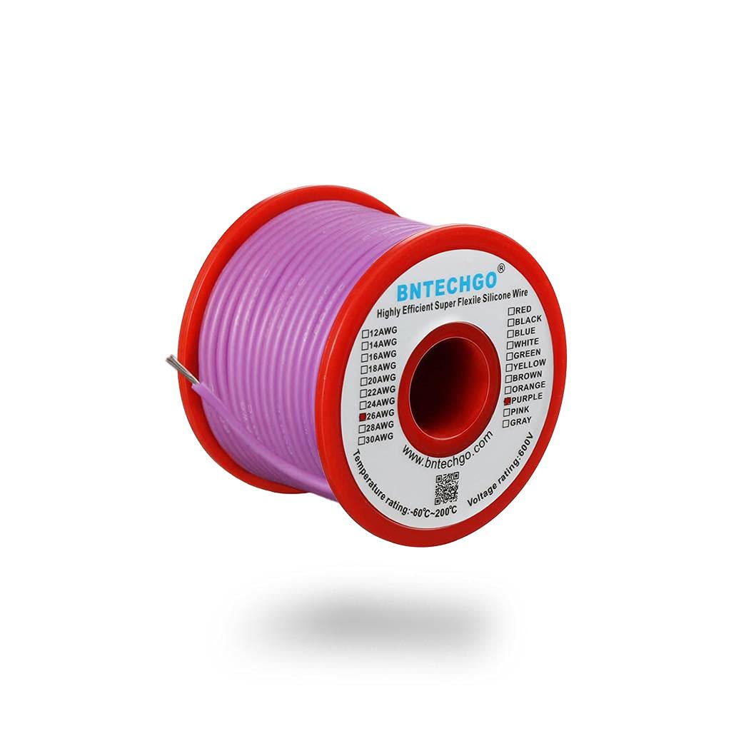 BNTECHGO 26 Gauge Silicone Wire Spool Purple 50 ft Ultra Flexible High Temp 200 deg C 600V 26 AWG Silicone Rubber Wire 30 Strands of Tinned Copper Wire Stranded Wire for Model Low Impedance