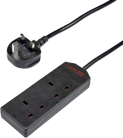 Invero 2 Way Gang Extension Lead 2M Black Surge Protected Neon Indicator 13A
