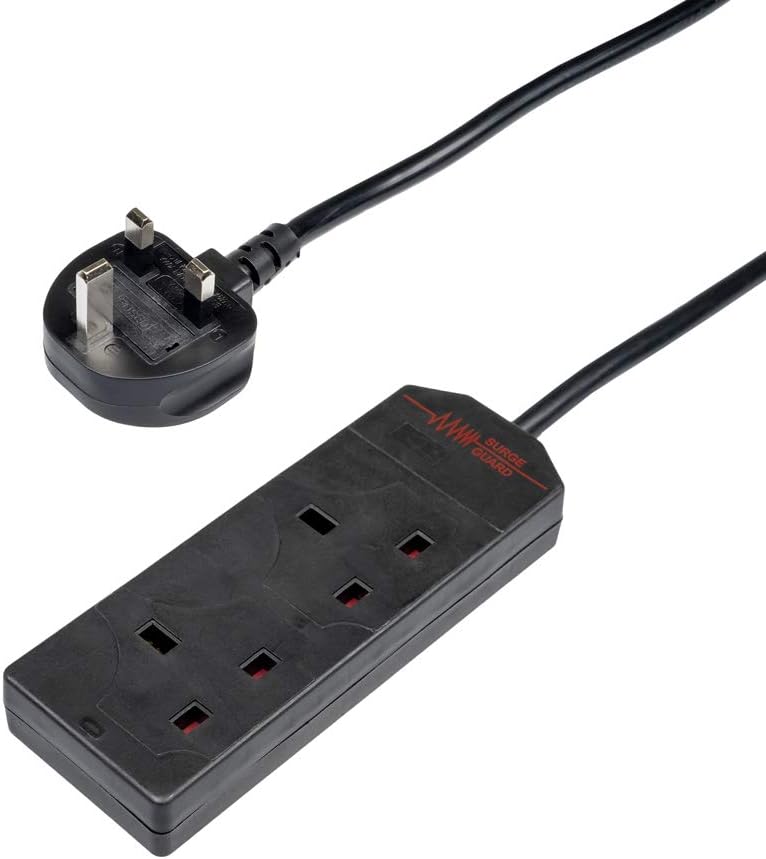 Invero 2 Way Gang Extension Lead 2M Black Surge Protected Neon Indicator 13A