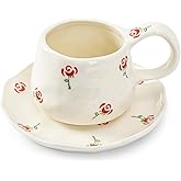 Koythin Ceramic Coffee Mugs Set with Saucer, 250ml / 8oz Cute Floral Coffee Mug Irregular Latte Art Cup, Coquette Cups for Cappuccino, Cocoa (French Rose)