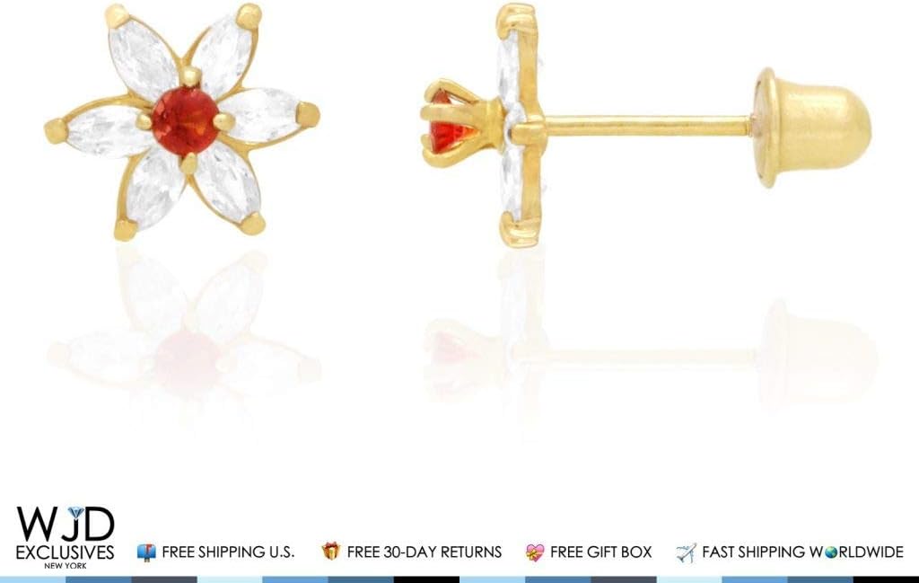 14k Solid Yellow Gold Marquise Diamond And Garnet Flower Screwback Stud Earrings 1.40Ct