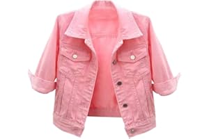 Locachy Womens 3/4 Sleeve Short Denim Jacket Lapel Button Down Cropped Trucker Jean Jackets Coats