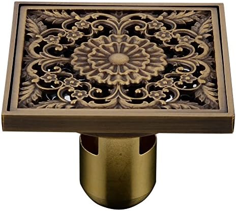 BAIANLE 1010cm Square Antique Brass Floor Drain Art Carved Flower Bathroom Sanitary Floor Drain Waste Sink Grate Drain (BAL3510B)