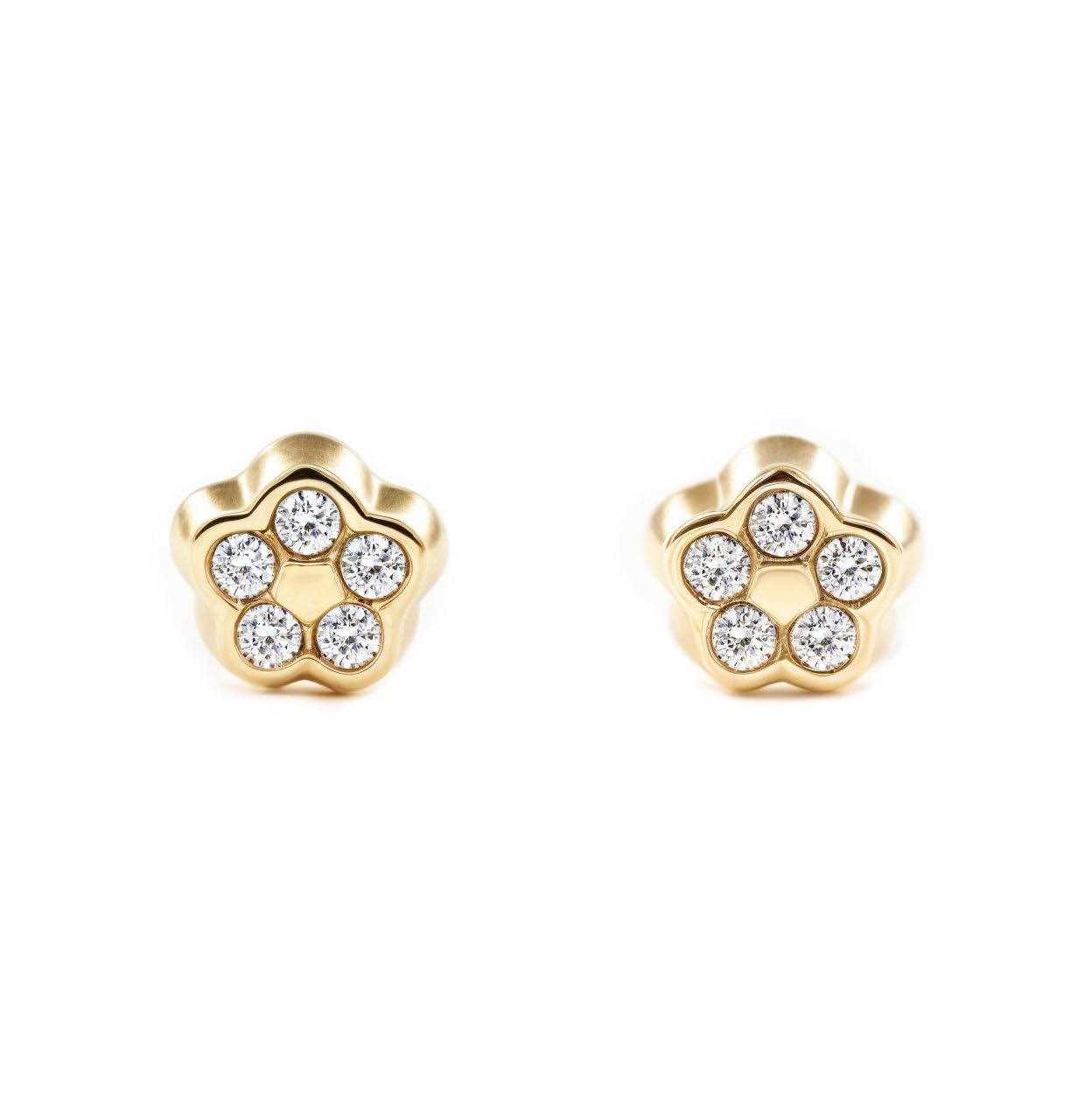 Mondepetit - 9ct Yellow Gold Daisy Flower Cubic Zirconia Children's Baby Earrings shine