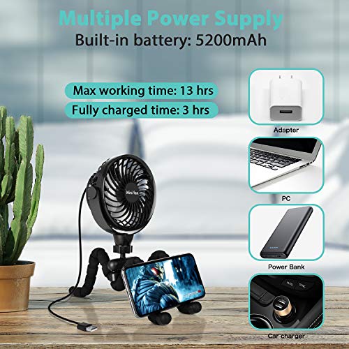 Portable Handheld Fan, 5200mAh Battery Powered Clip-on Personal Desk Baby Fan Air Circulator Fan with Flexible Tripod, Ultra Quiet 4 Speed 360° Rotatable USB Fan for Stroller/Bike/Camping/BBQ/Gym - Thumbnail 4
