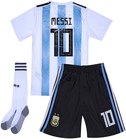 2018 Russia World Cup 10 Messi Argentina National Home Kids Or Youth Soccer Jersey & Shorts & Socks Set White/Blue