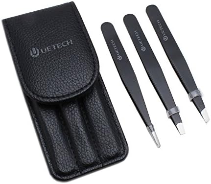 UETECH Best Eyelash Tweezers,Eyebrow Tweezers Set, 3 Pieces Black Precision Tweezers for Hair or Ingrown Hair Remove with PU Travel Case