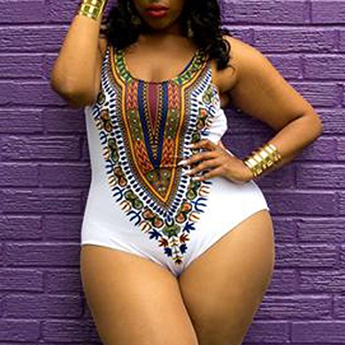 Challyhope Big Sale! Women Plus Size Sexy Dashiki African Print Bathing Suit One Piece Push Up Padded Bikini Monokini Jumpsuit (XXXL, White A)