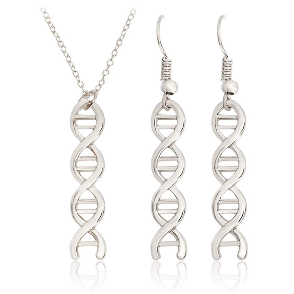 HMOOY Infinity Spiral DNA Double Helix Necklace Earrings Set Chemistry Science Biology Molecule Pendant Jewelry Set for Medical Student (Silver)