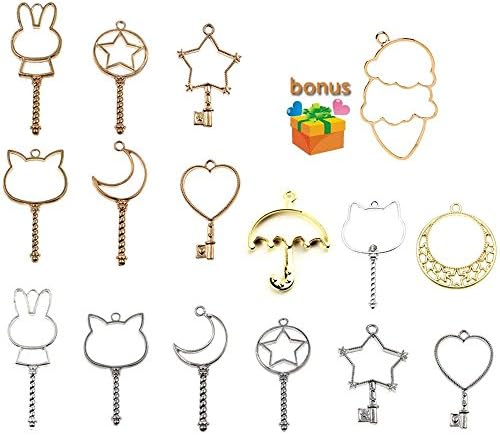 Key Open Bezel, Qiancraftkits 15pcs Magic Wand Open Bezel Charms, Silver&amp;Gold Blank Frame Pendant for UV Resin Crafts/Jewelry Making (Includes Extra Bonus)