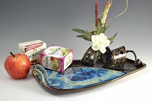 Ceramic, Large Blue, Black &amp; Brown Serving Tray / Platter, Handled Server / Tray with attached twist for decorating, Pottery