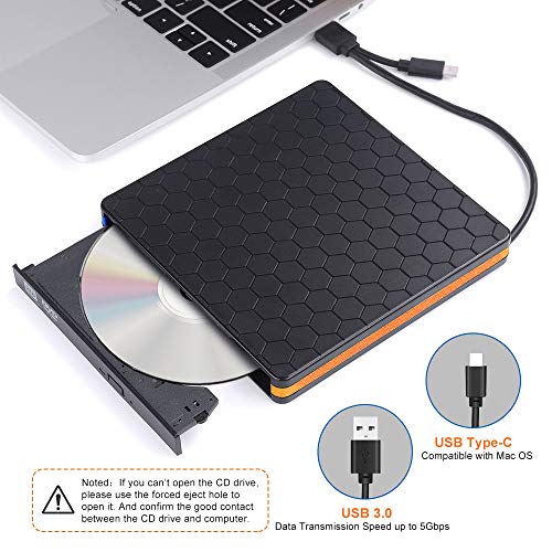 CD DVD Drive, USB 3.0 & Type-C Optical DVD Drive, External USB C VCD/DVD/CD -ROM/ -R/ +R /-RW Burner Reader Writer Player, Suitable for Laptop/Desktop/MacBook, Compatible with Windows/Linux/MAC OS