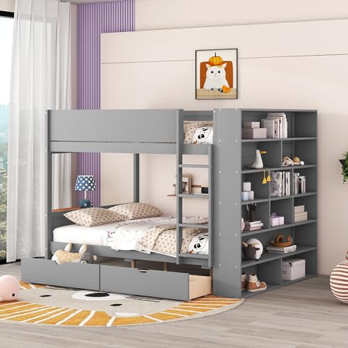 Brisca Full Over Full Bunk Bed with 2 Storage Drawers and Multi-Layer Cabinet,B…