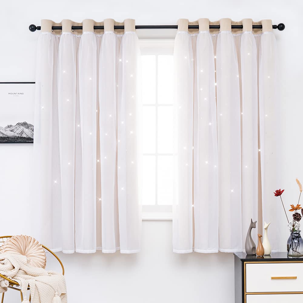 QINUO HOME Kids Curtains with Voile 54 Drop - Eyelet Stars Blackout Curtains for Bedroom Window Treatment, Thermal Double Layer Star Cut Out Window Curtains, 2 Panels Set, 66 x 54 Inch, Natural