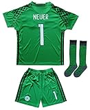 GERMANY NEUER #1 Goalie Football Soccer Kids Goalkeeper Jersey Short Socks Set Youth Sizes (Green, 10-11 YEARS)