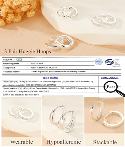 DORANA Jewelry for Her Gift 3 Pairs 925 Sterling Silver Earrings for Women Non Tarnish 14K Gold Plated Small Hypoallergenic Huggie Hoops Cartilage Stack Earring Sets for Multiple Piercing