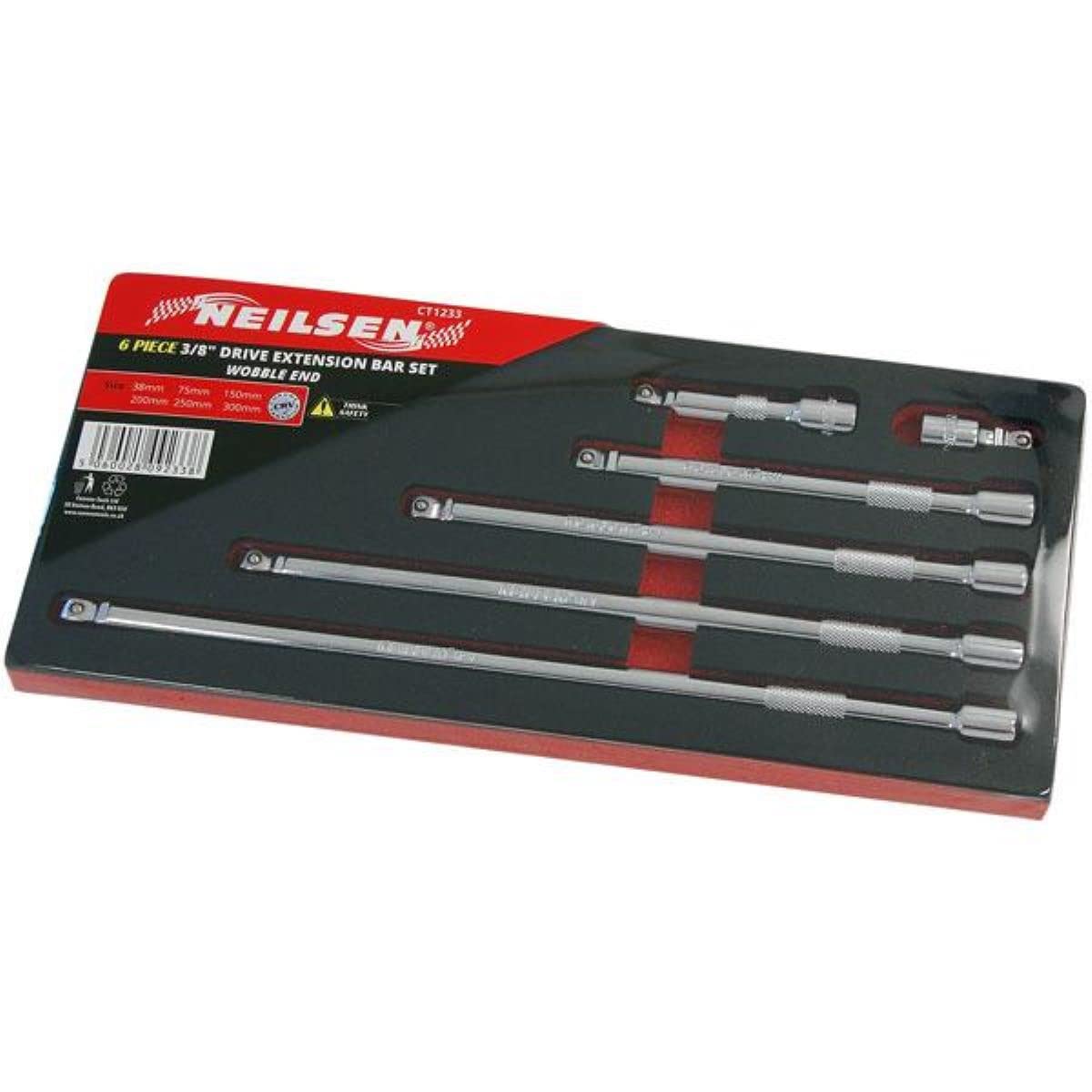Neilsen CT1233 6-Piece 3/8-Inch Drive Extension Bar Set with Wobble End – Chrome Vanadium, 38mm to 300mm, Ideal for Automotive and Mechanical Repairs