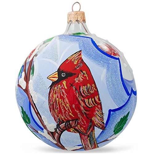 BestPysanky Cardinal in Winter, Bird Glass Ball Christmas Ornament 4 Inches