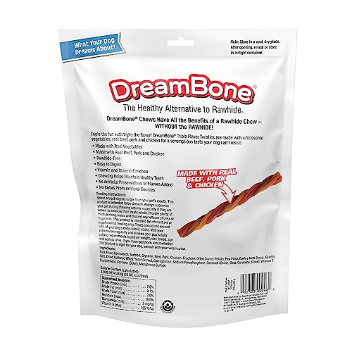 DREAMBONE TRIPLE FLAVOR TWISTIES, 25 COUNT, RAWHIDE-FREE DOG CHEWS MADE WITH REAL BEEF, PORK & CHICKEN, 7.05 OUNCE (PACK OF 1)