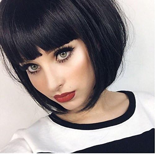 ChanecciShort Straight Bob Wigs for Women with Bangs Heat Resistant Synthetic Black Hair None Lace in Front Cosplay Party Costume Wig 12"