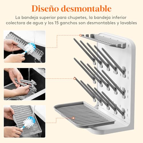 Lifewit - Estante de Secado de biberones para 15 Botellas, tapete de Secado, Caja de chupetes extraíble, Bandeja de Goteo, Estante Vertical para Accesorios de biberones, pajitas con Peso, Piezas de