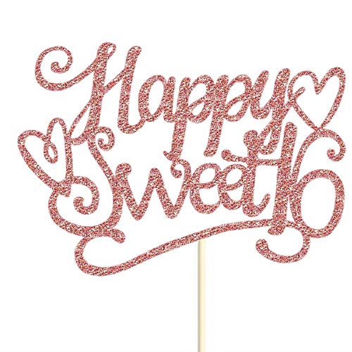 Set of 7 Glitter Rose Gold Happy Sweet 16 Cake Toppers Pack Star Cupcake Party Decor Decorations (D)