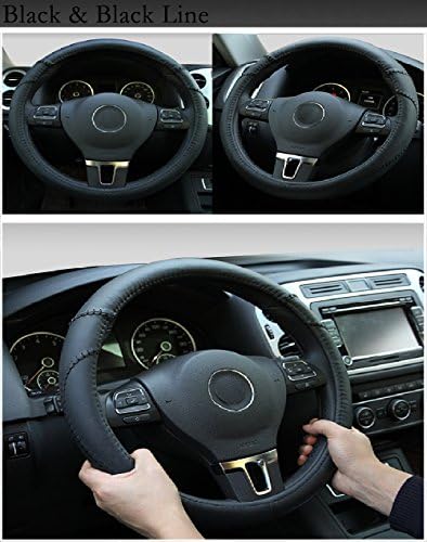 Universal 38cm Outer Diameter Leather Steering Wheel Cover Automotive Interior Accessories Emboss Soft Top Cowhide Breathable Anti-Sweat Slip Steering Wheel Wrap Cover Medium Size