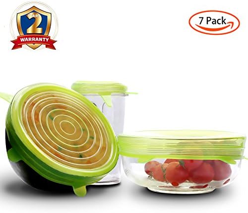 Silicone Stretch Lids - 7-pack Reusable Silicone Food Covers (includes Exclusive XL Size) , Silicone lids for Cups/Bowls/Containers/Food, Durable Freezable BPA Free FDA Approved Food lids (Green)