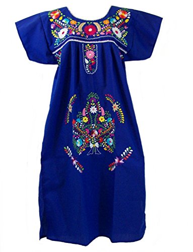 Leos Mexican Imports Mexican Dress Puebla Royal Blue M