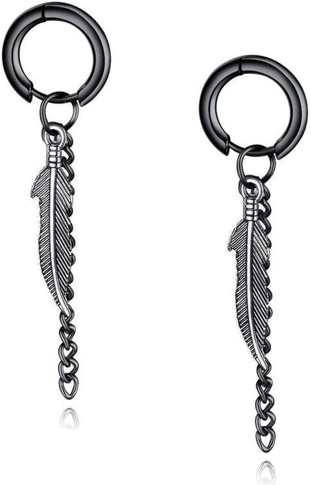 Personalized Custom Men Feather Hoop Earrings Tassel Dangle Chain Punk Ear Studs Stainless Steel Black Silver Plated Piercing Jewelry