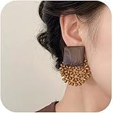 Handmade Natural Wooden Beaded Dangle Drop Earrings for Women Bohemian Geometric Tassel Earrings Circle Hoop Ear Ethnic Boho Jewelry