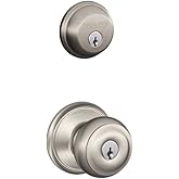Schlage Deadbolt &amp; Door Knob Set, Georgian Knob, Satin Nickel | Front door set with single cylinder deadbolt &amp; keyed entry knob, Keyed alike, Certified security &amp; durability, 2 keys