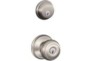 SCHLAGE Satin Nickel FB50N V GEO 619 B60 Single Cylinder Deadbolt and F51 Entry Georgian Knob Keyed Alike, Finish, Security Set