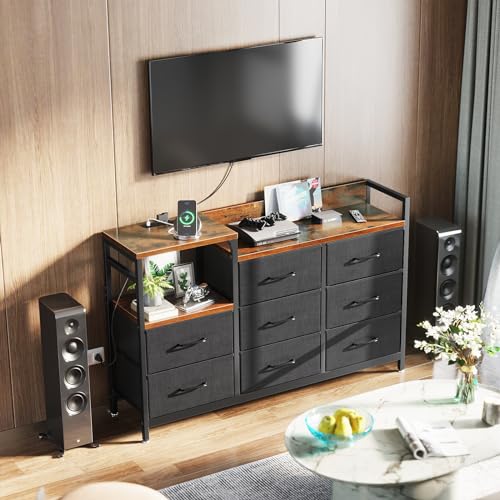 ODK Chest of Drawers Bedroom, Contains 2 USB & 2 AC Ports Sockets, Storage Dresser with 8 Fabric Drawers Suitable for Bedrooms, Living Rooms, Retro Color