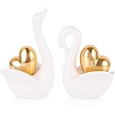 LINYTHER Ceramic Swan Couple Figurines – White Swan with Gold Heart Statue, Romantic for Couples Parents, Swan Decor Wedding Mini Statues, Bedroom Dresser Shelf Decor Knick Knacks