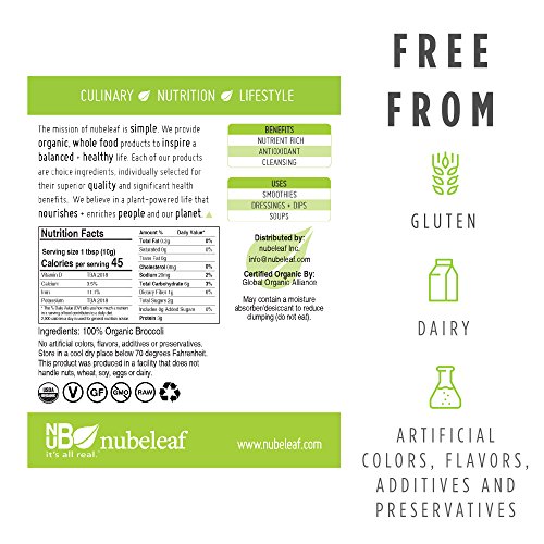 Nubeleaf Broccoli Powder - Non-GMO, Gluten-Free, Raw, Organic, Vegan Source of Essential Vitamins & Minerals - Single-Ingredient Nutrient Rich Superfood for Cooking, Baking, Smoothies (6oz)