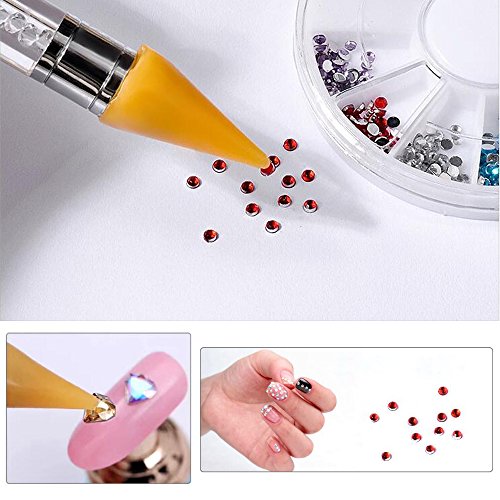 1 Pc Senior Double-head Wax ended Nail Rhinestone Picker Dotting Pen Acrylic Handle Gem Pick Up Applicator Tool Self-Adhesive Dot Head Tips Nail Art DIY Decoration Tool with Travel case (Yellow) - Thumbnail 5
