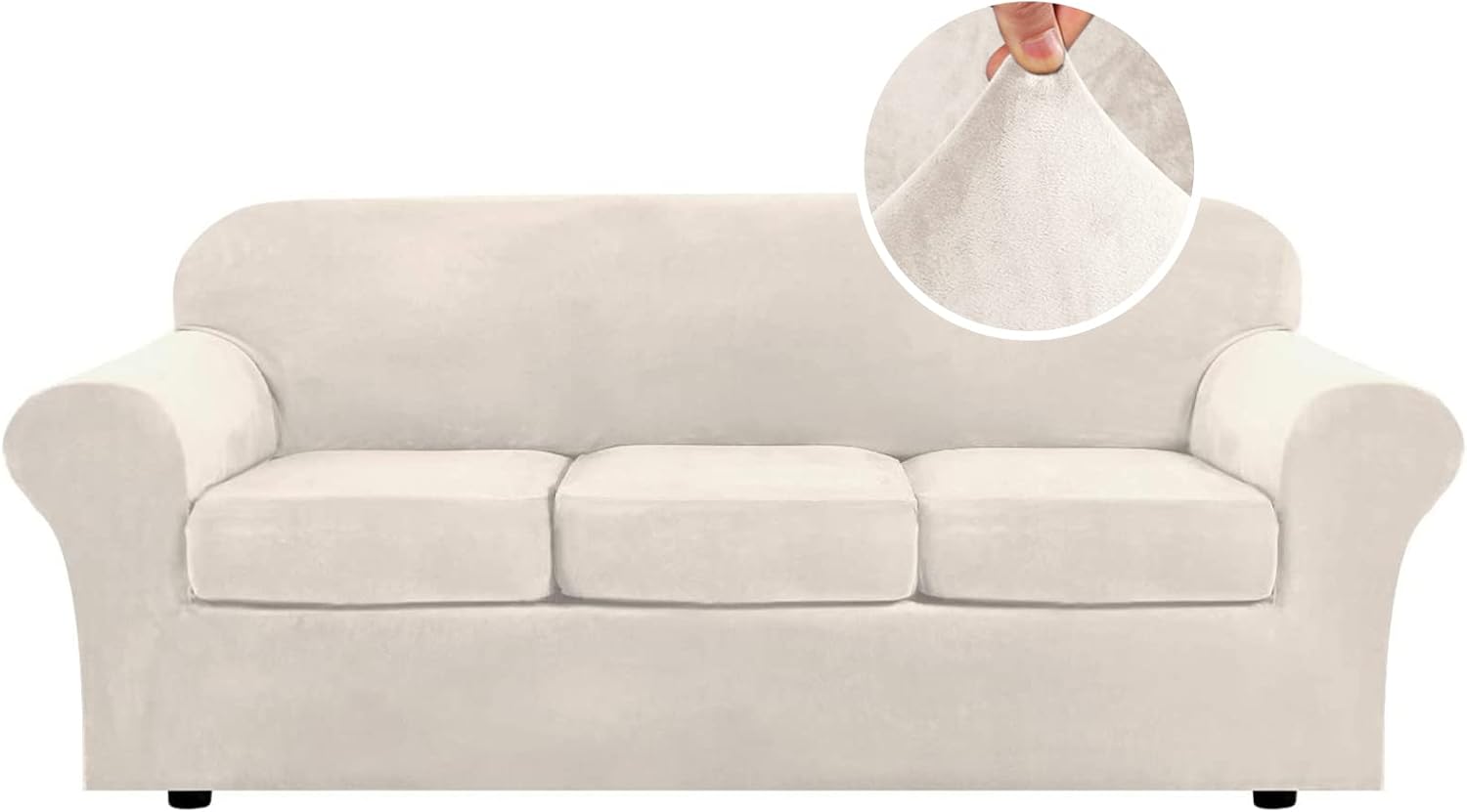 Slipcovers - H.VERSAILTEX Modern Velvet Plush 4 Piece High Stretch Sofa Slipcover Furniture Protector Form Fit Luxury Thick Sofa Cover for 3 Cushion Couch, Machine Washable (Sofa,Ivory)