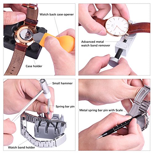 ETEPON Professional Watch Repair Kit Tool Watchmaker Case Back Opener Watch Band Buckle Remove with Scaled Spring Bar Pin Tweezers Screwdriver Case Band Holder Removal ET015