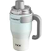 TKK 27 oz Tumbler with Handle and Straw, Ceramic Coating Insulated Bottle 100% Leakproof Travel Mug for Water, Iced Tea or Coffee, Smoothie, Cup Holder Friendly Base, BlueWhite