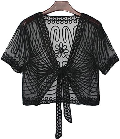 Ccdyrl Women's Short Sleeve Floral Lace Shrug Cardigan Mesh Crochet Sun Protection Blouse(black mesh,black string,xxl)
