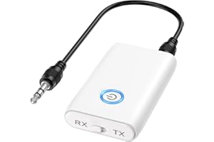 OQIMAX Bluetooth Transmitter Receiver 2 in 1, Hands-Free Call Aux Bluetooth Adapter for Car, 3.5mm Wireless Audio Adapter Home Audio System Headphones Airplane Speaker, White
