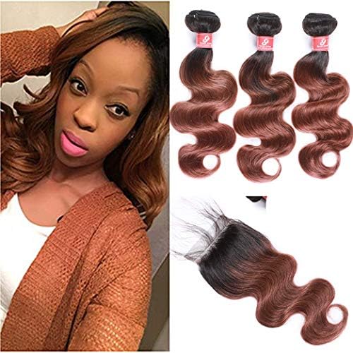 1B/30 Ombre Color Middle Brown 10A Brazilian Virgin Human Hair 3 Bundles With Lace Closure Body Wave 1B/#30 Human Hair Weft With Closure Ombre Brown Hair extensions (10 12 14+10, Ombre 1B/30 Brown)