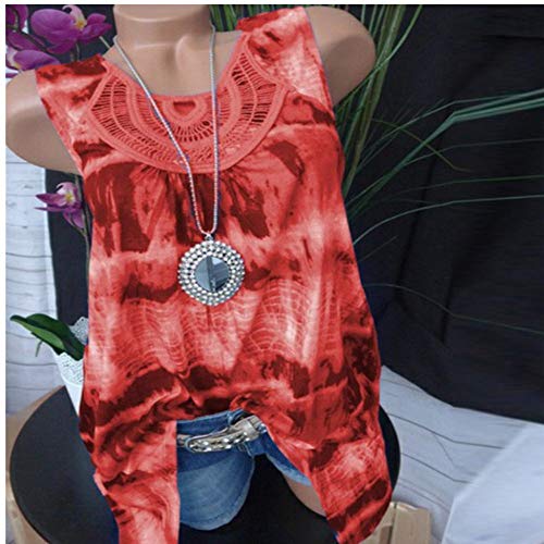 FarJing Women Fashion Round Neck Vest Sleeveless Lace Patchwork Tie Dye Printing Tank Top(5XL,Red)